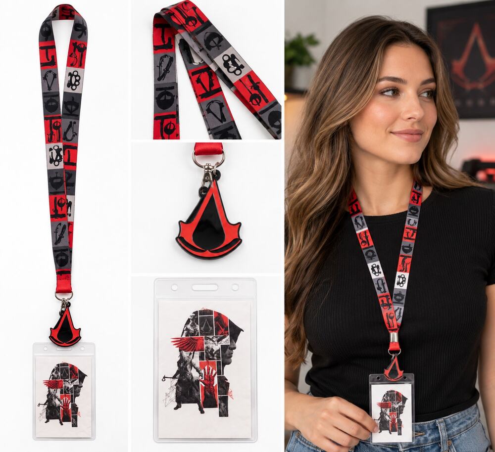 Assassin’s Creed Red, Black & Gray Lanyard with ID Badge Holder & Logo Charm